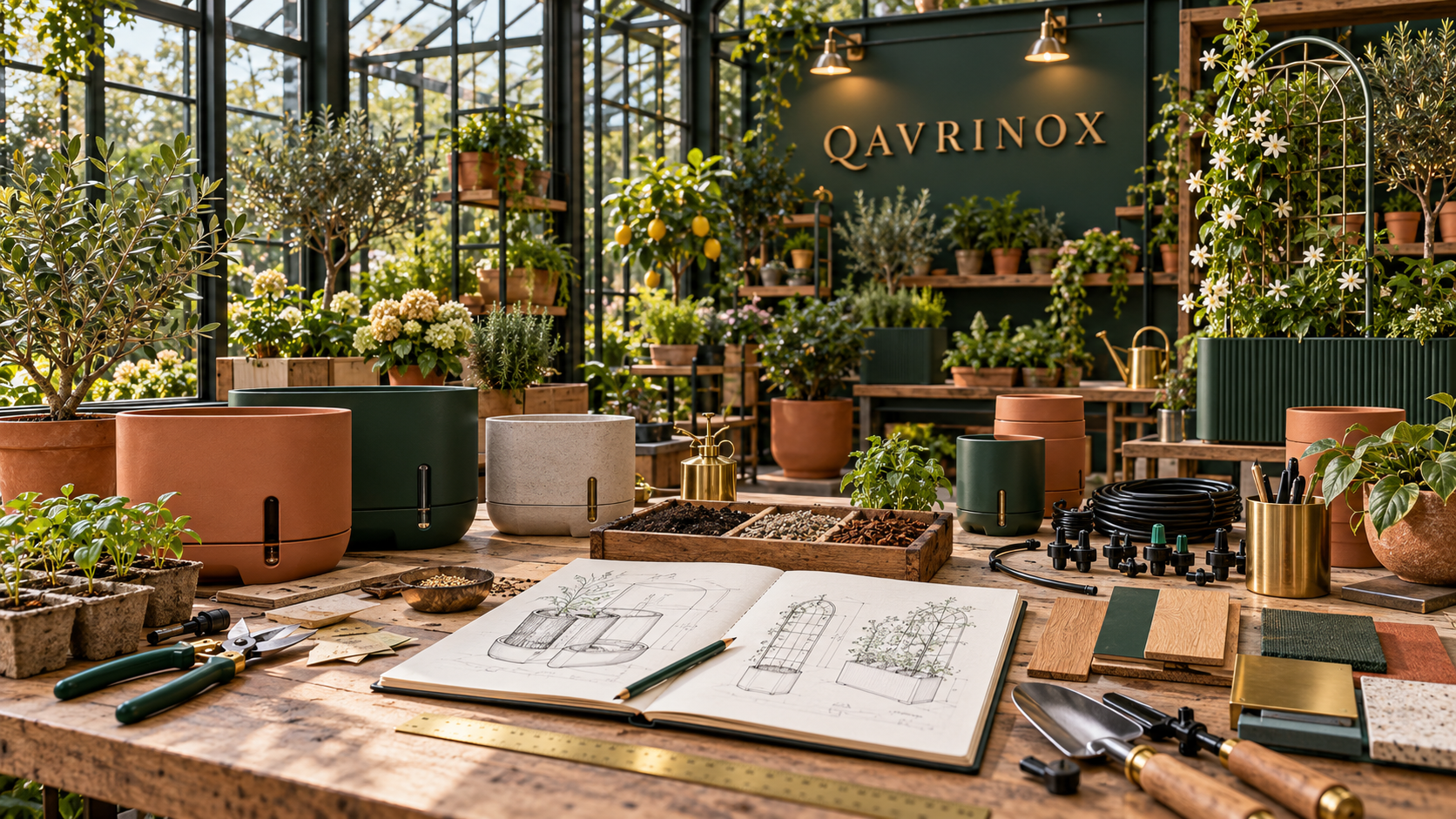 Qavrinox garden design studio with planter prototypes, irrigation parts, tools and product sketches